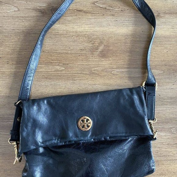 Tory Burch Dena Foldover Crossbody Black Leather Purse Bag - Picture 1 of 4
